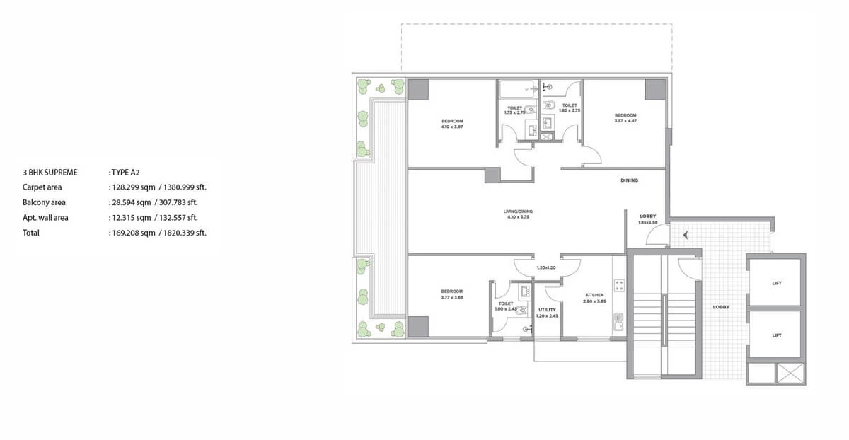 Floor Plan for Tata Promont 3 BHK Supreme - Type A2